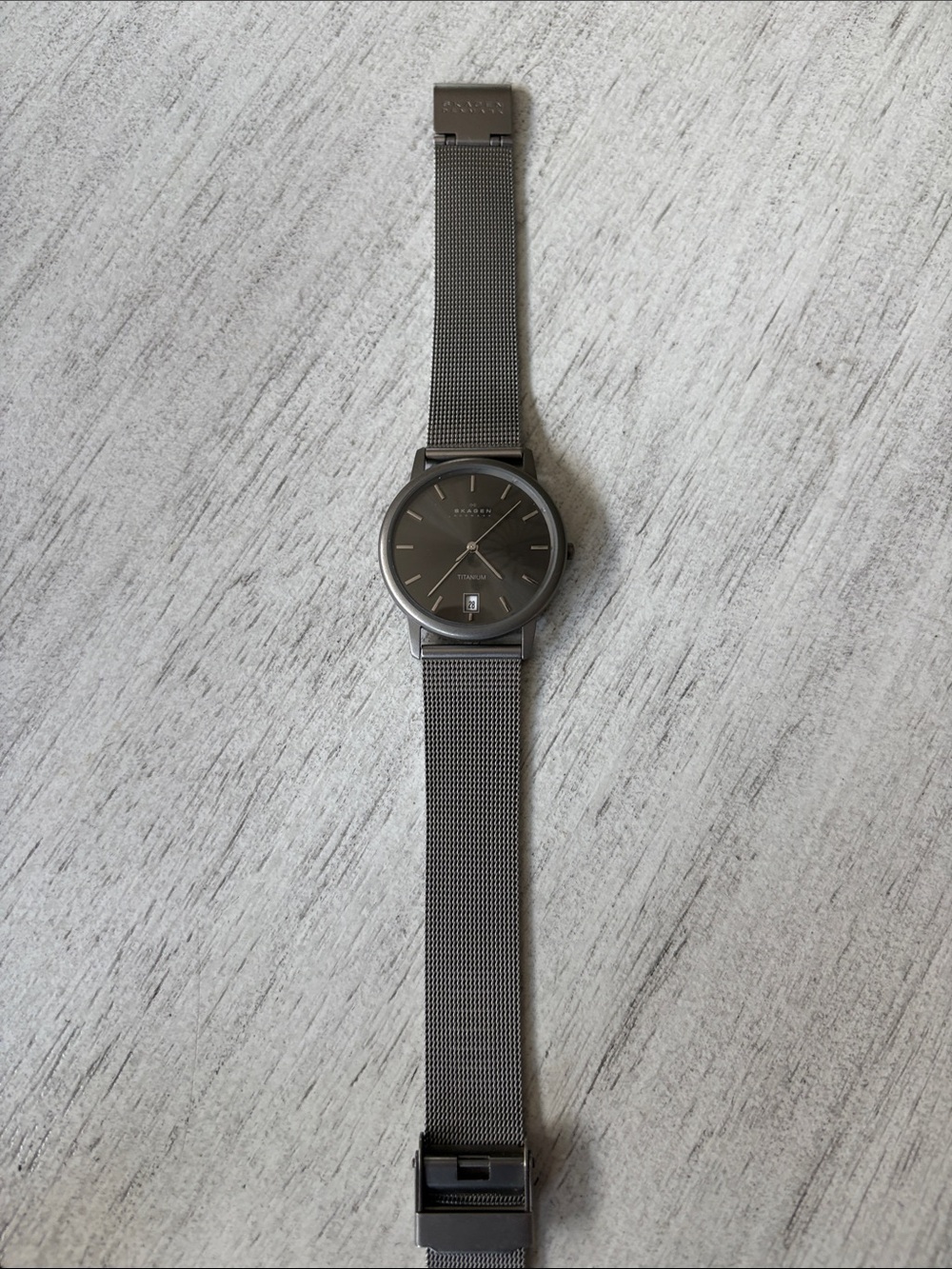 Skagen Men's Matte Gray Titanium Mesh Watch works but needs a battery.